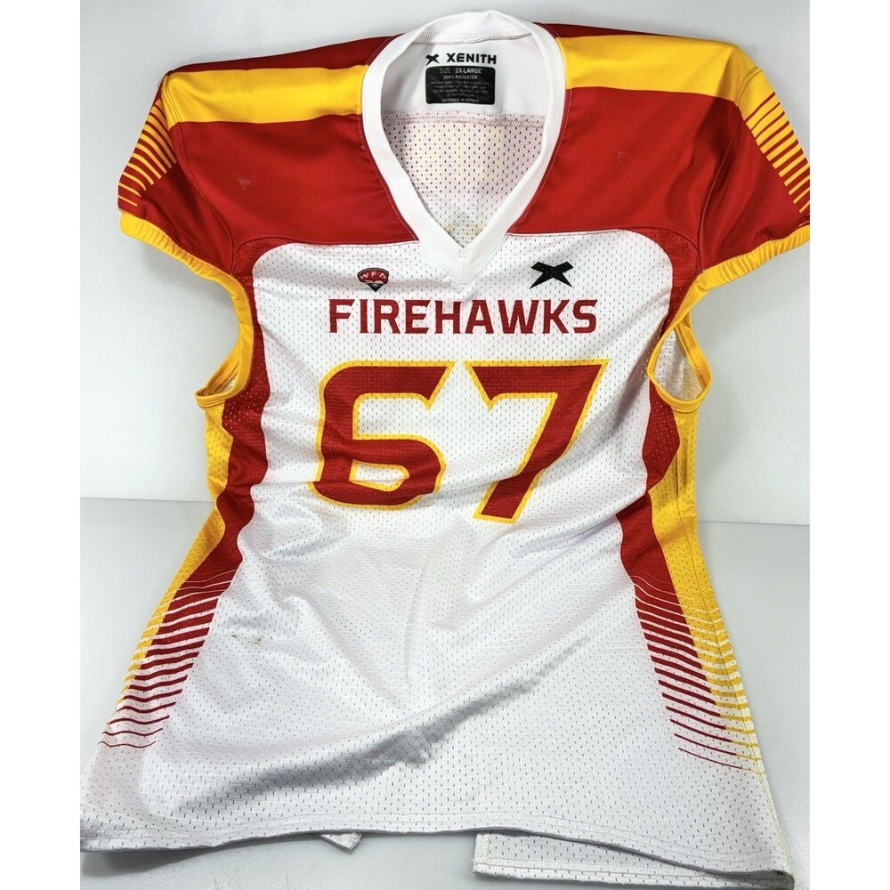 WFA Xenith Firehawks Red, Yellow, and White 2XL Football Jersey CYR # 67